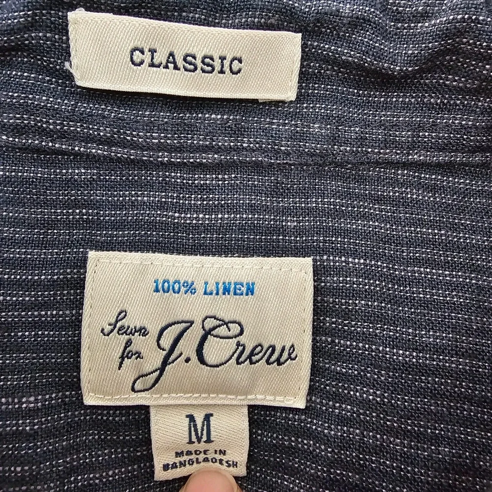 J. Crew Mens 100% Linen Striped Short Sleeve Shirt M Navy Blue Coastal Classic